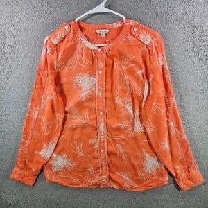 LL Bean Signature Orange Floral Tencel‎ Button Down Blouse Top Womens 10